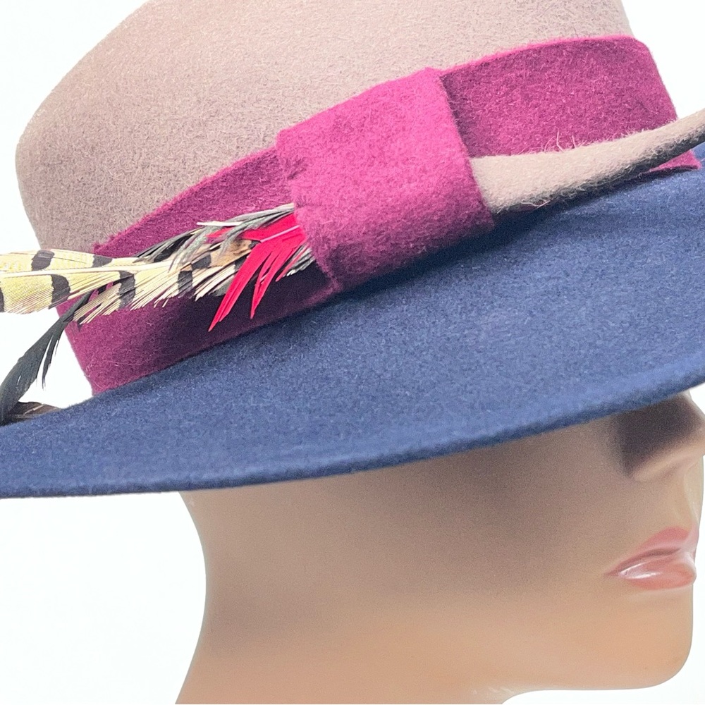 Frank Olive Private Collection Wide-Brim Two-Tone Fedora Feather Felt Hat - Picture 6 of 15